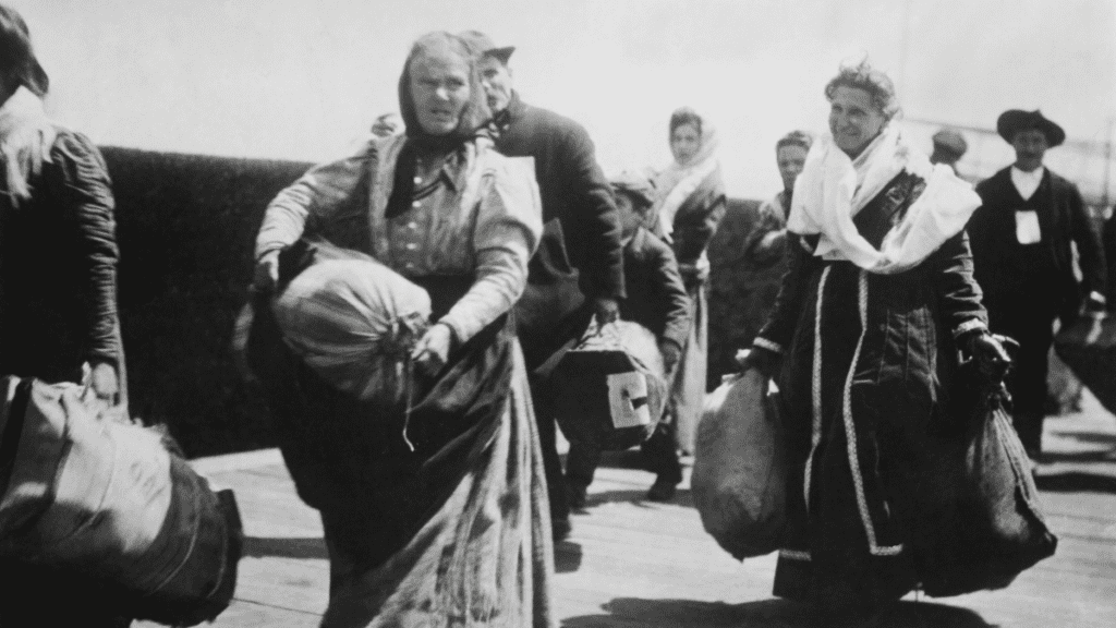 Immigrants arriving with all their possessions after a traumatic journey.