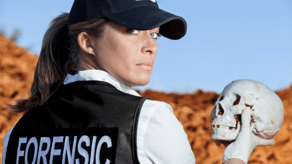 Forensic genealogist holding a skull while investigating a crime scene.