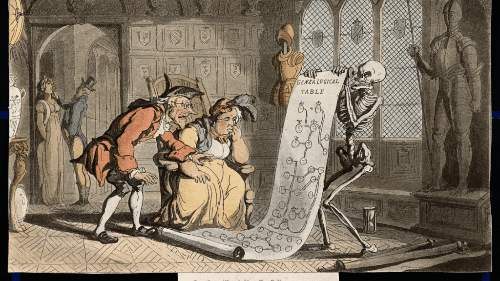 man and woman looking at genealogy chart held by a skeleton