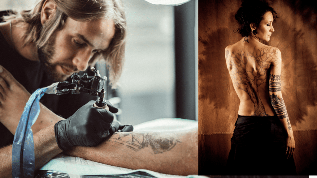 tattoo artist using tattoo equipment and woman with a large back tattoo of a tree
