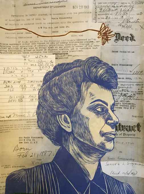 pen and ink portrait displayed on top of family history documents