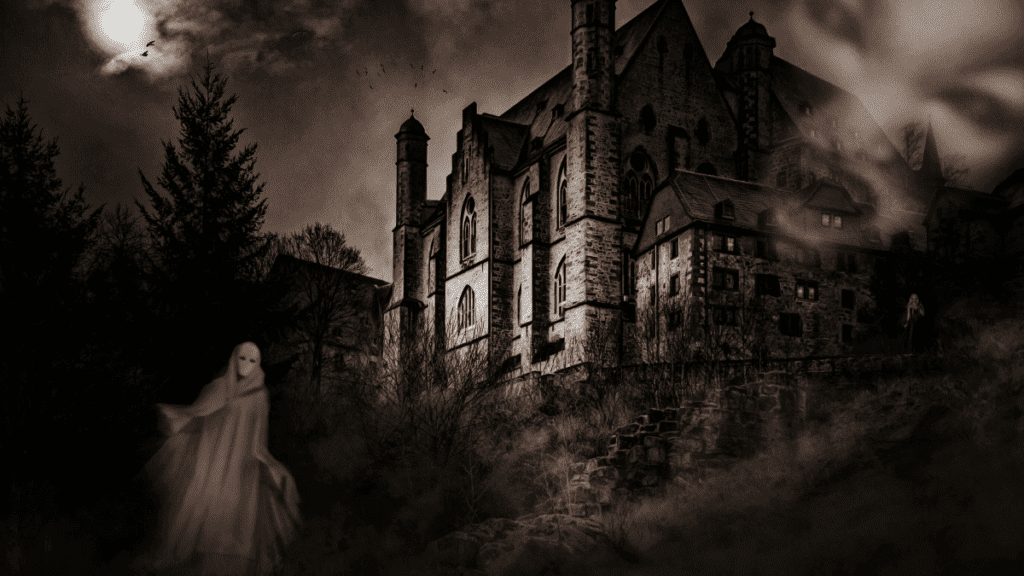 Abandoned mansion with eerie ghost figures lurking about.
