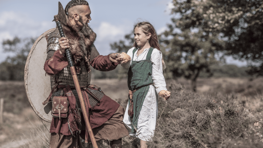 Viking warrior greeting a young maiden.