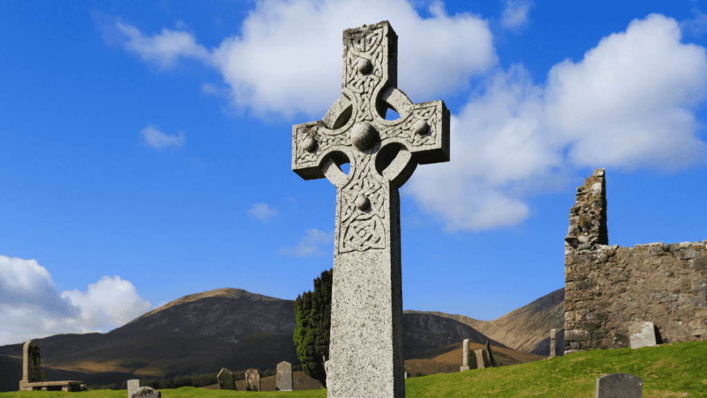 monument of a celtic cross, a Celtic symbol for family, in a rural cemetery