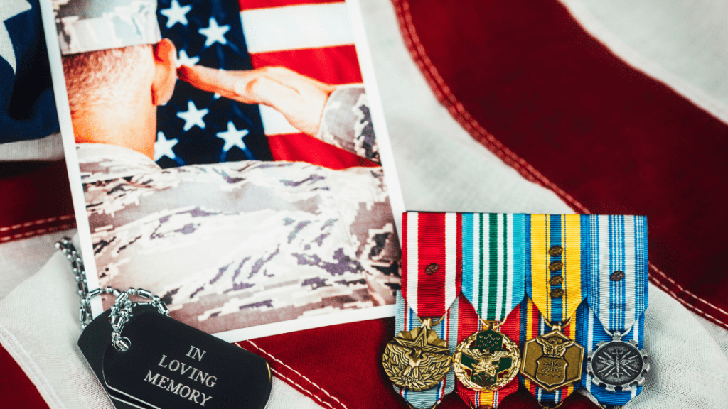 display of veterans medals, photos, dog tags