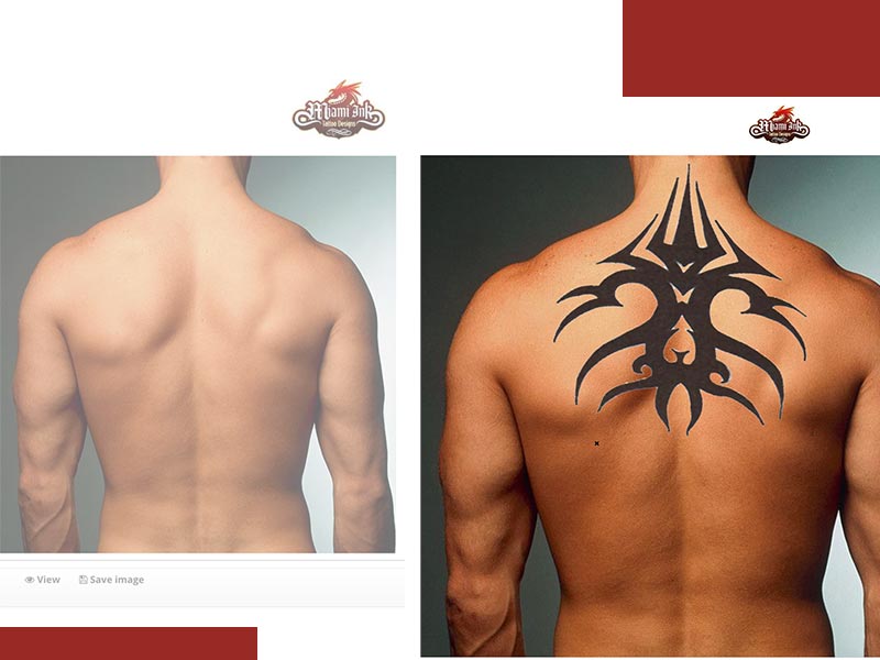 example of tattoo designer software showing what a tattoo will look like placed on upper back and shoulders