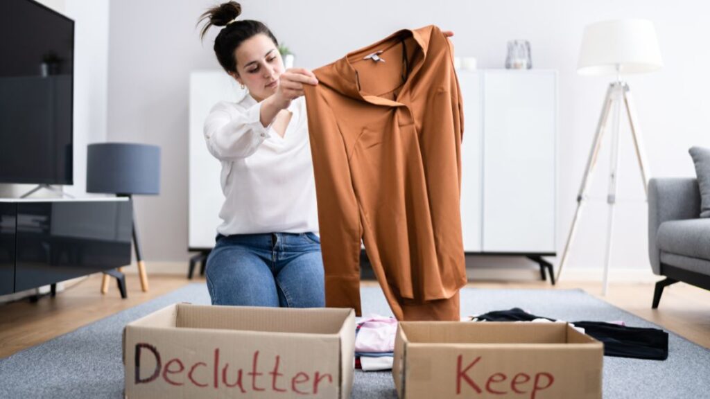 A woman holding up clothing and sorting into boxes market declutter and keep.