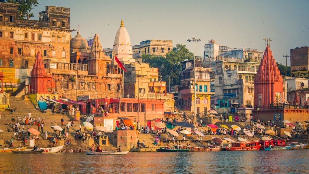 A view of pilgrims on the shores of the Ganges River in Varanasi, India
