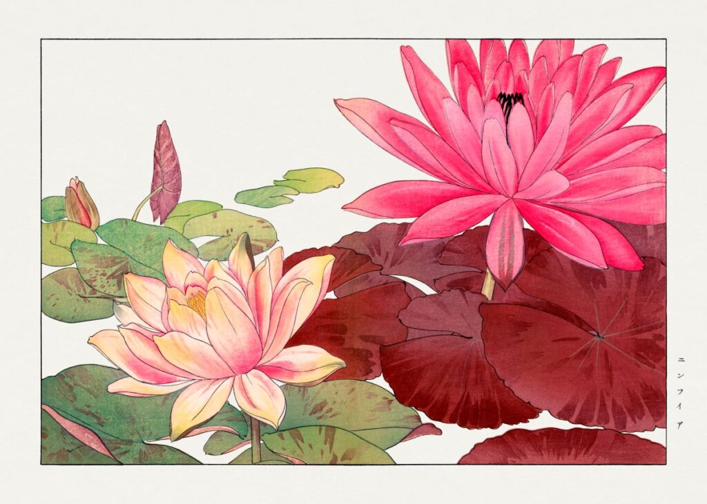 painting of several lotus flowers of different shades.