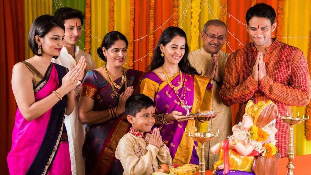 Hindu family celebrating a holiday together.