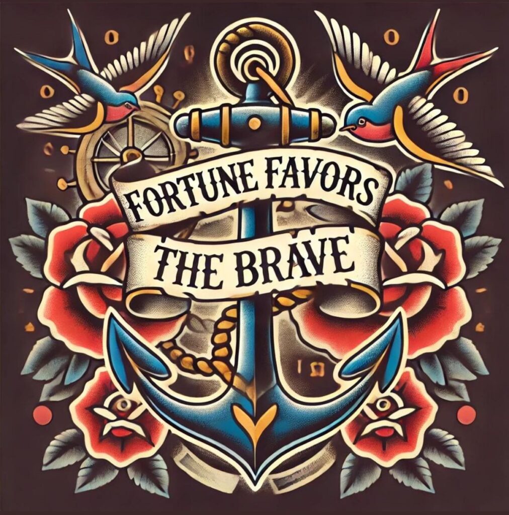 tattoo design with anchor and flowers that says forture favors the brave