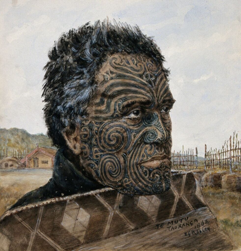 artwork depicting a maori man with tribal face tattoos