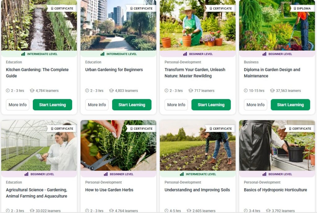 grid of available gardening courses from Alison.com