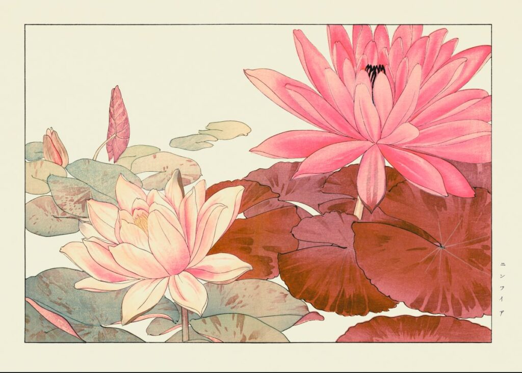 Colorful painting of lotus flowers as symbols of rebirth. 