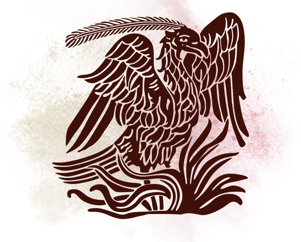 A graphic representation of the mythical phoenix rising from the ashes as a symbol rebirth.