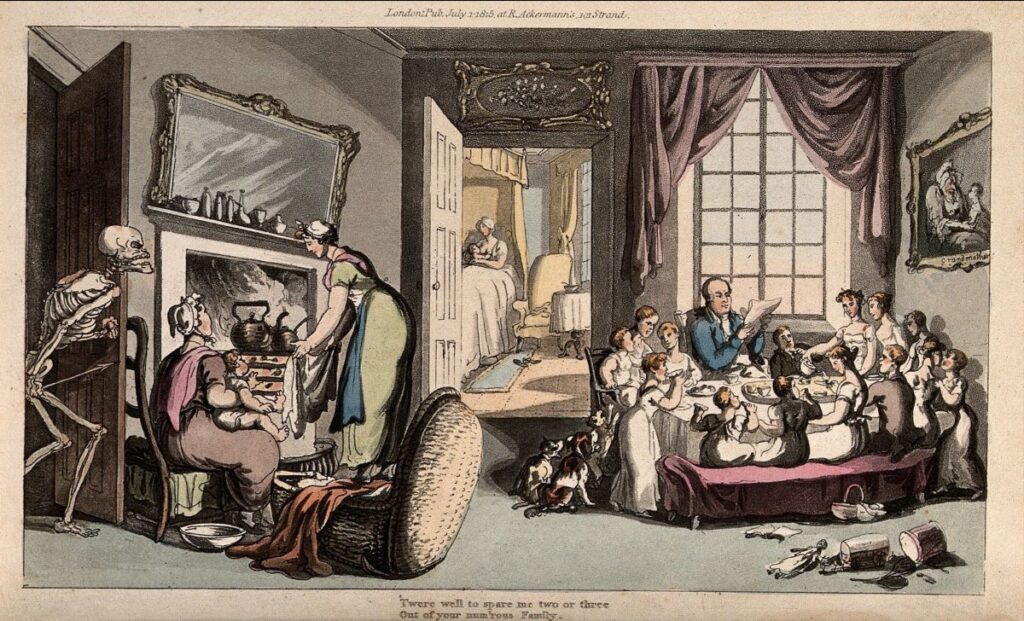 artwork showing a skeleton representing death knocking at door while a famiy goes about their daily business