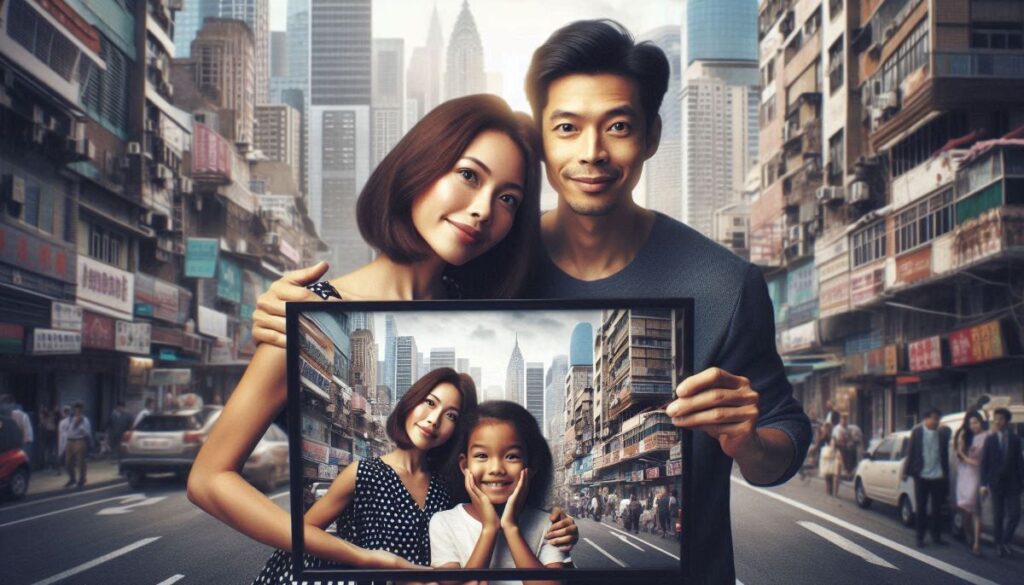 family holding a framed family portrait in front of them as they take another photo in urban setting