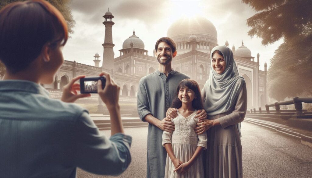 family taking a photo in front of a landmark in India