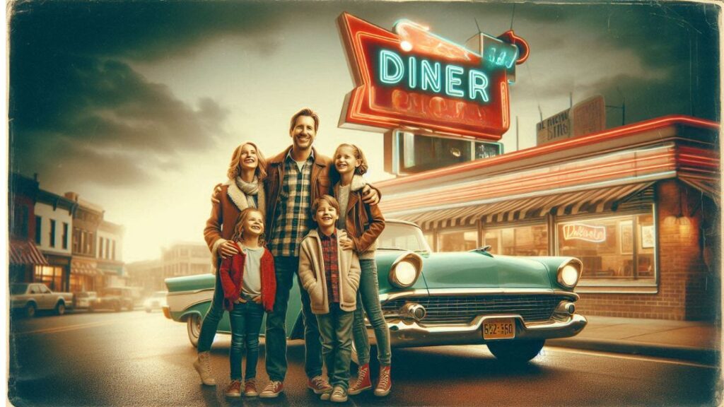 family taking a portrait in front of a vintage diner