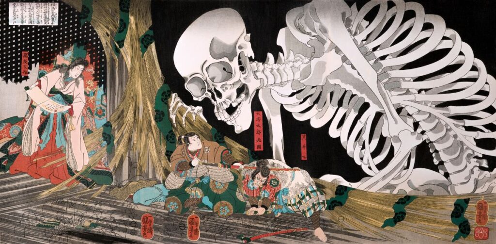 painting of large skeleton menacing people in traditional Japanese clothing