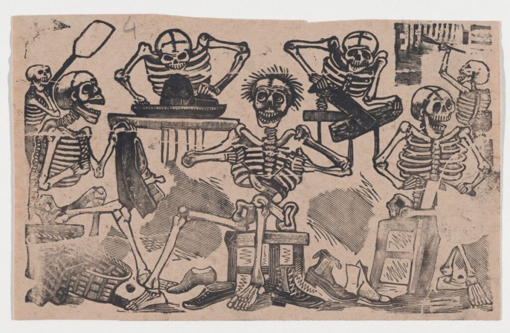 sketch of many skeletons  having a party