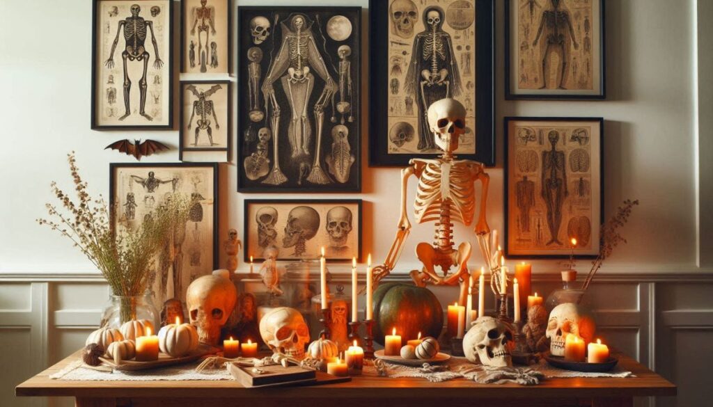 home decorated with skeletons, candles and vintage artwork for Halloween