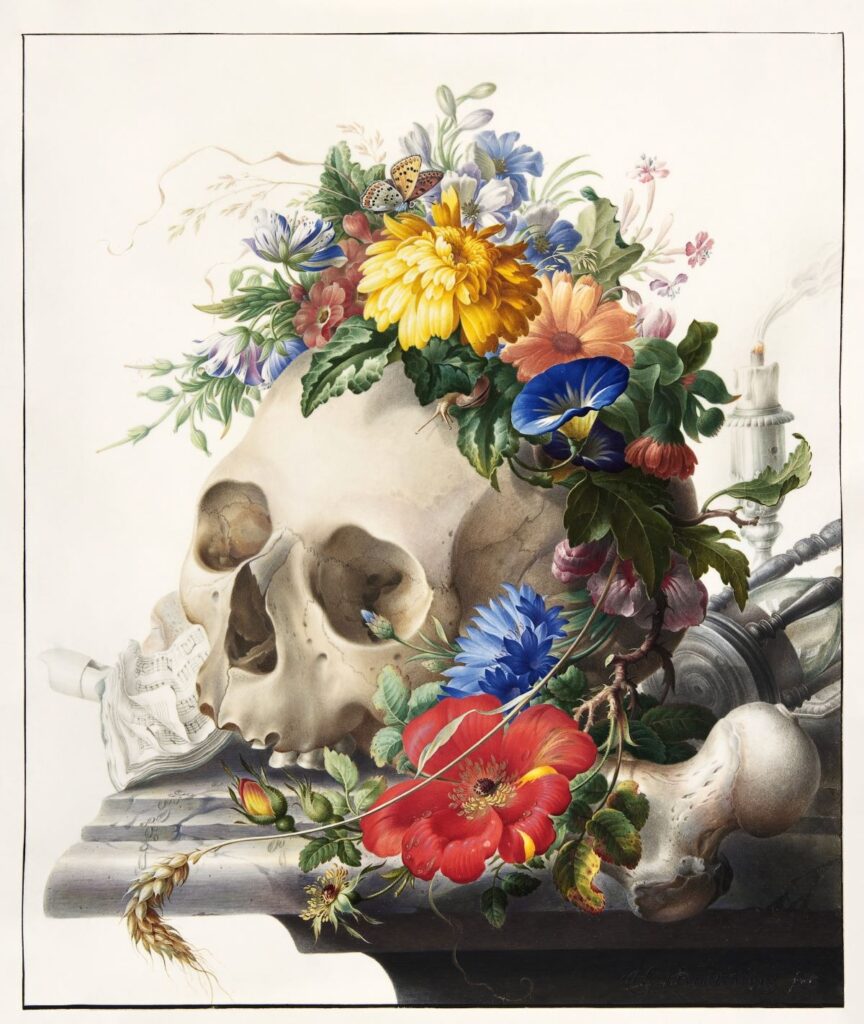 skull surrounded by flowers