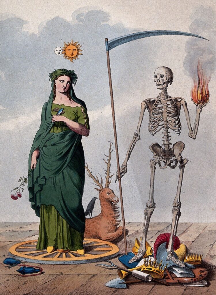 maiden standing with a skeleton holding a scythe and ball of fire