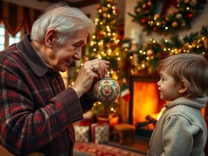 grandfather passing down christmas ornament to child