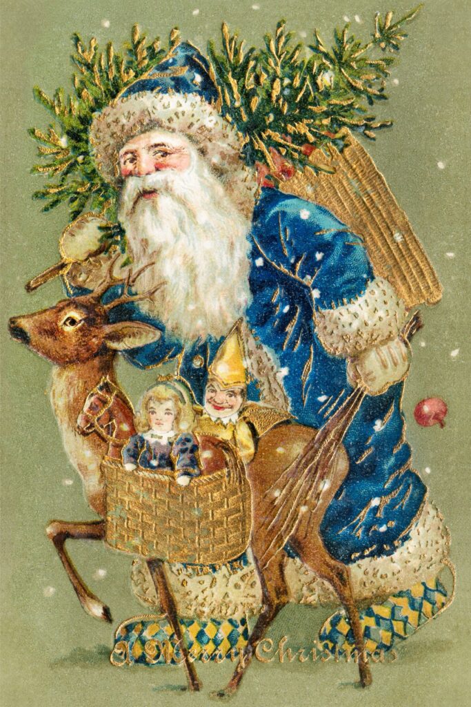 Saint Nicholas and reindeer delivering gifts. 