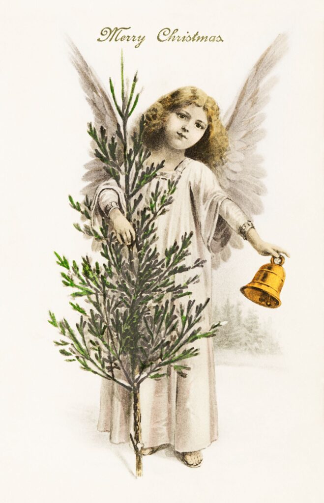 Angel holding an evergreen branch and a bell. 