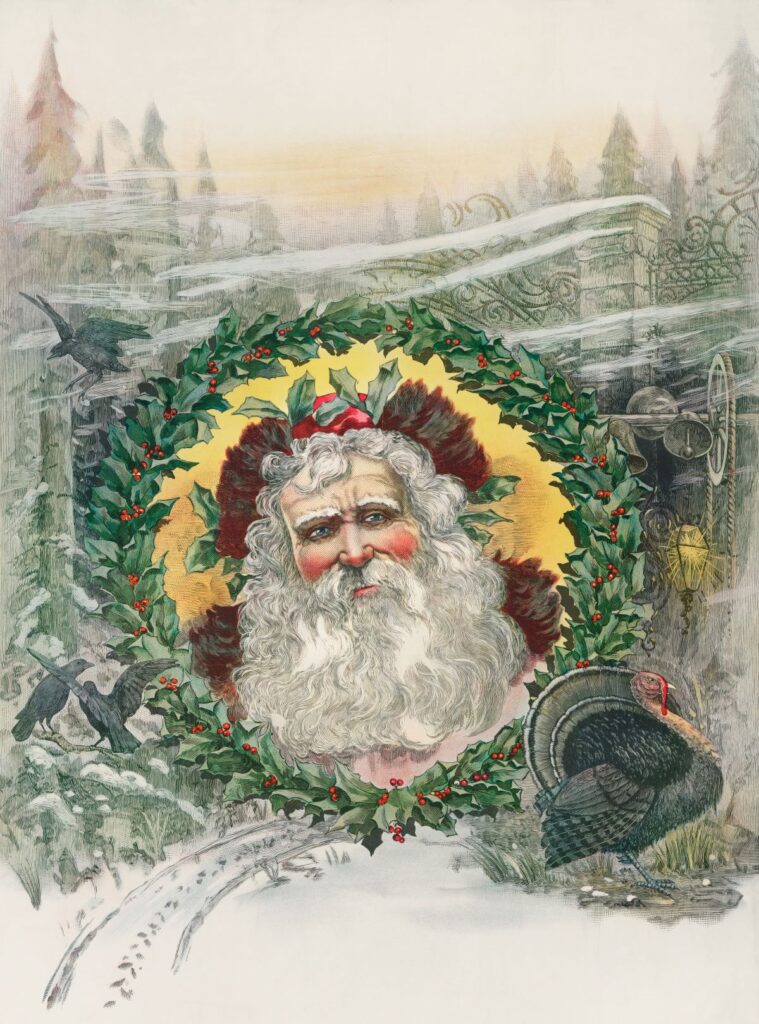 Wreath symbol with Santa Claus in center surrounded by birds and winter city scene. 