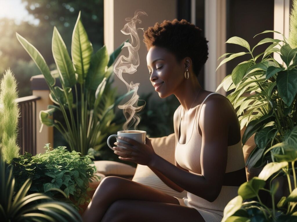 woman enjoying nature therapy while sipping hot coffee on a patio surrounded by green plants