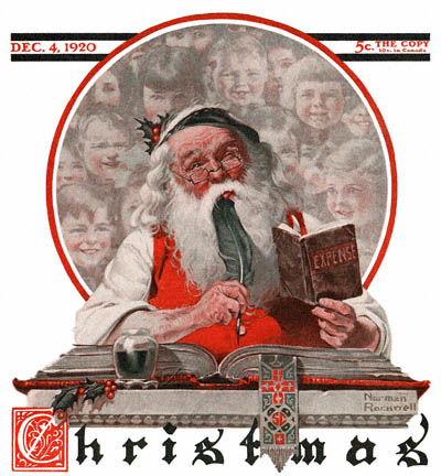 Santa Claus with an expense ledger and children looking on in the background