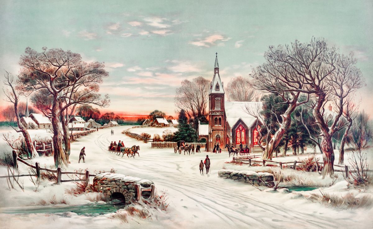 rural winter scence with horse drawn carriage, church, people walking on snow-covered roads