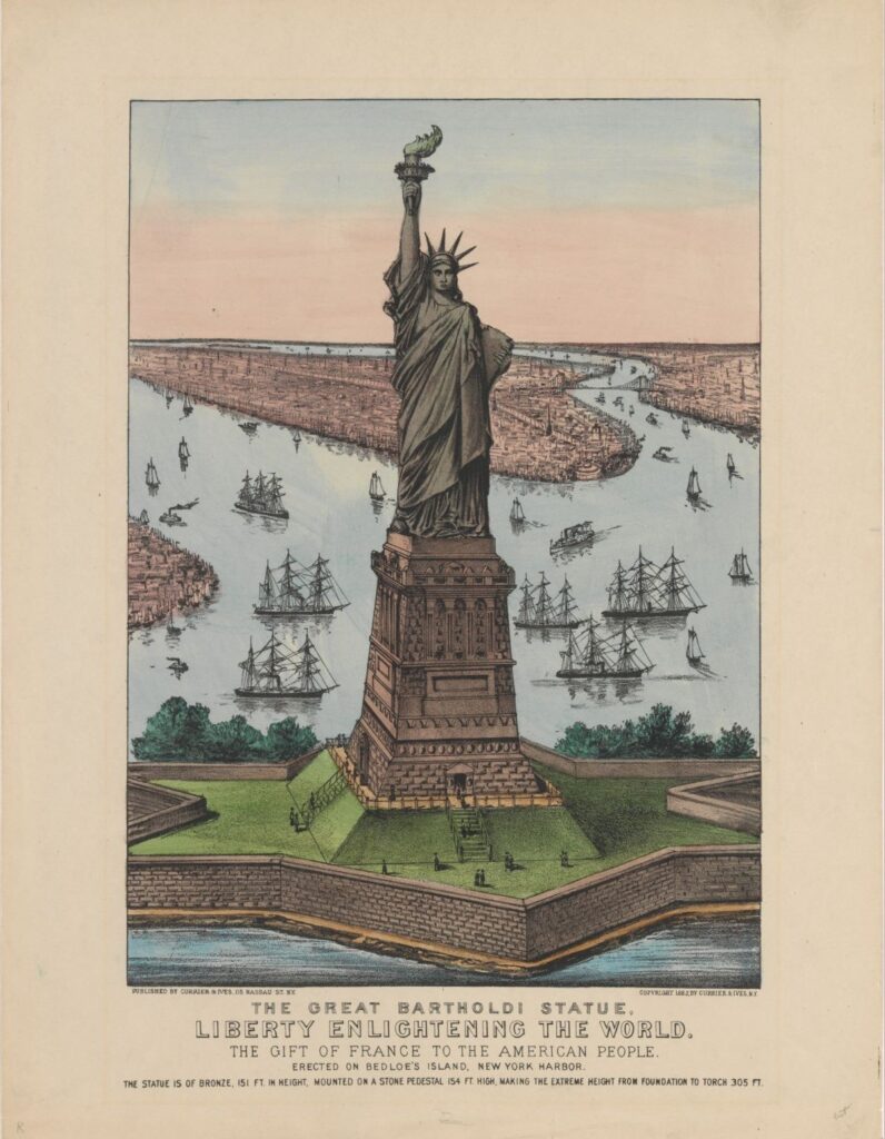 vintage poster of the Statue of Liberty showing schooner sailboats in New York city harbor