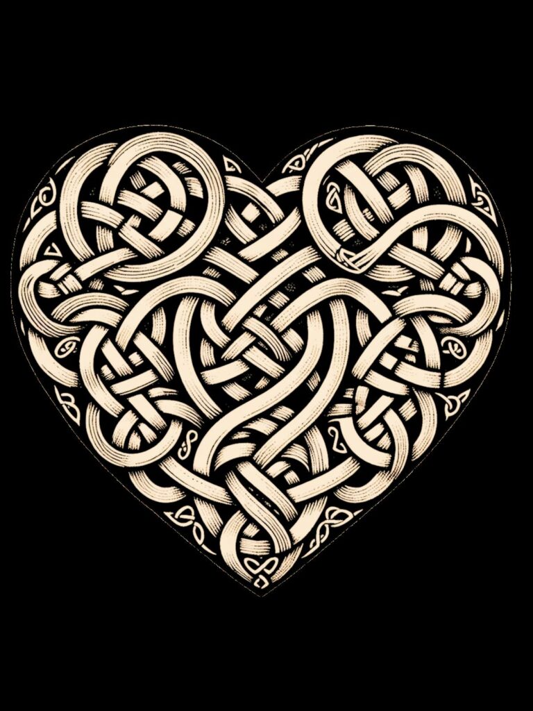 drawing of a Celtic knot in the shape of a heart