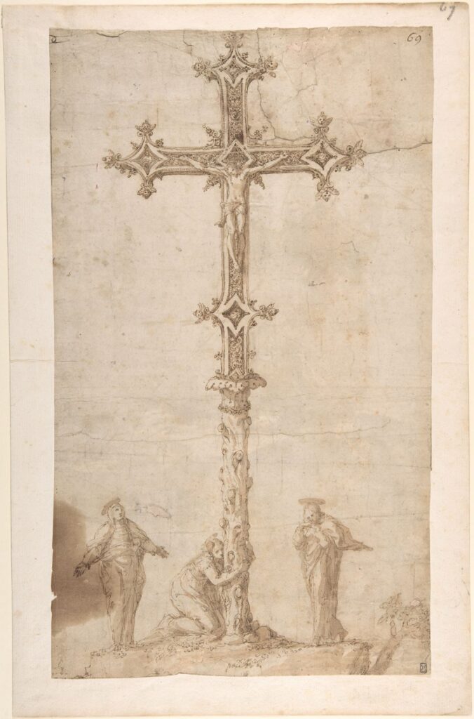 vintage style drawing of Jesus on cross as a design for a crucifix. Women shown at the foot of the cross