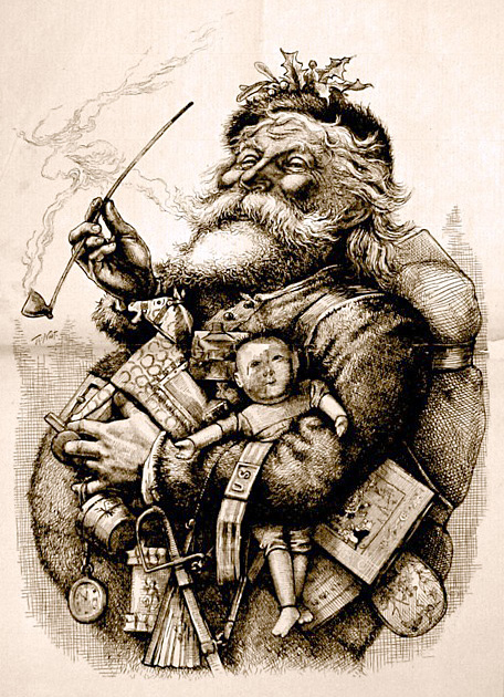 Merry Old Santa smoking pipe and holding toys drawing.