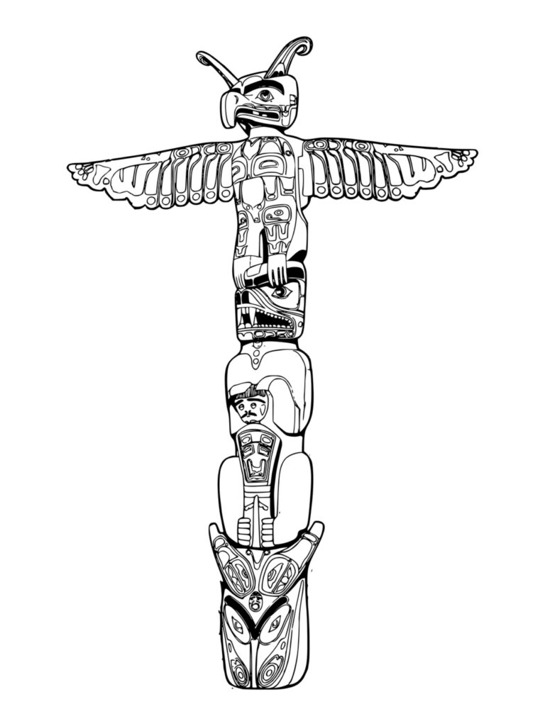 sketch of indigenous totem pole with animals, icons, and people