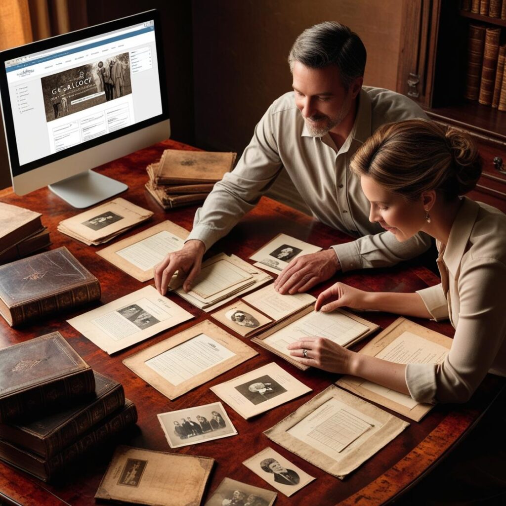 man and woman doing genealogy research and reviewing documents and photos