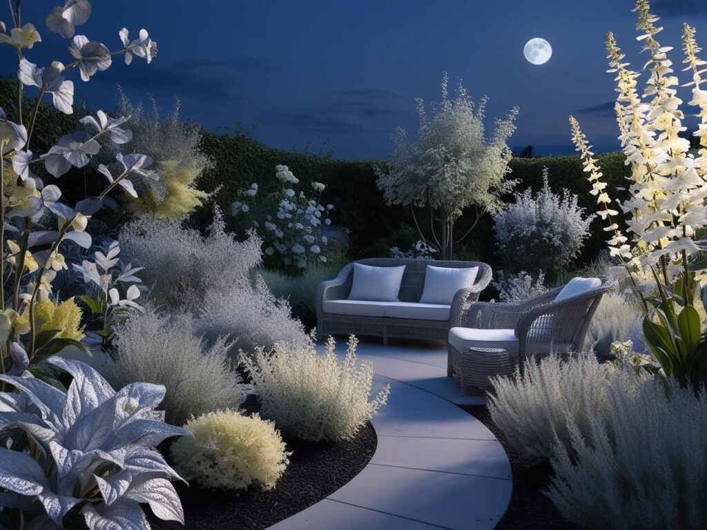 a moon garden with plants that reflect moonlight and cozy mood lighting