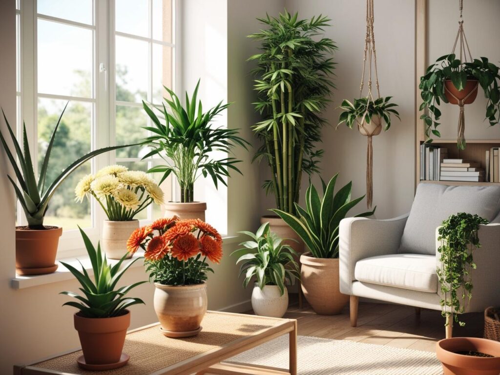 living room filled with plants that clean the air