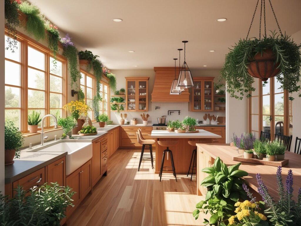 modern style kitchen filled with aromatic plants and herbs