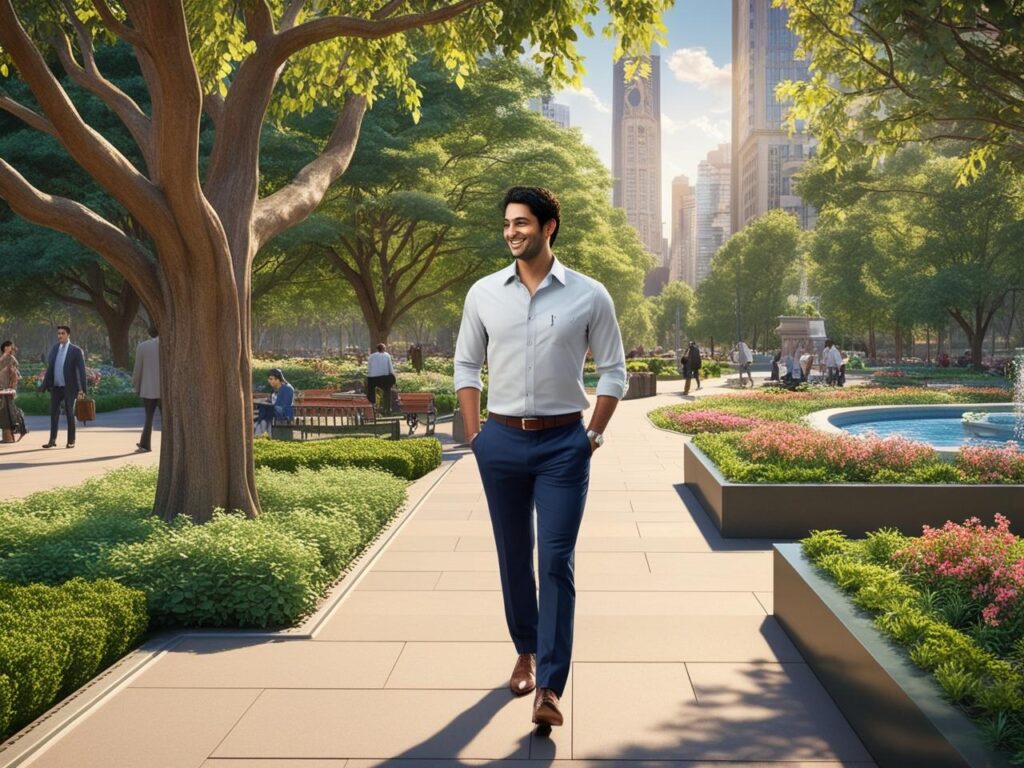 professionally dressed man getting some nature therapy while taking a walk in a park during midday