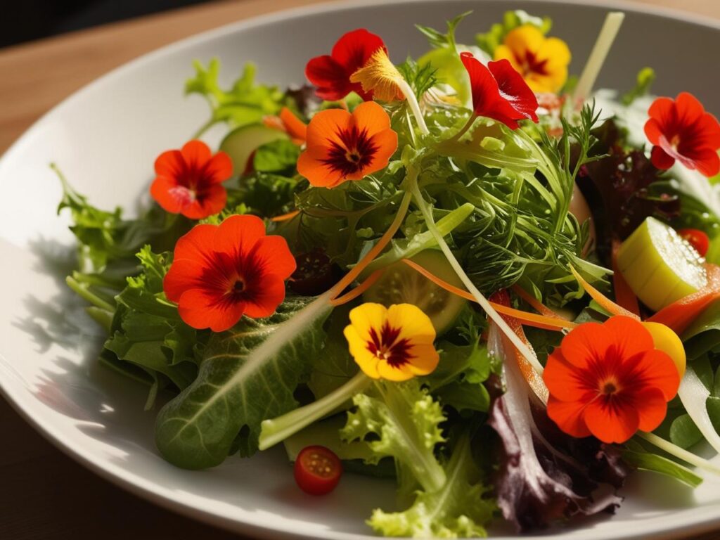 a salad garnished with edible flowers