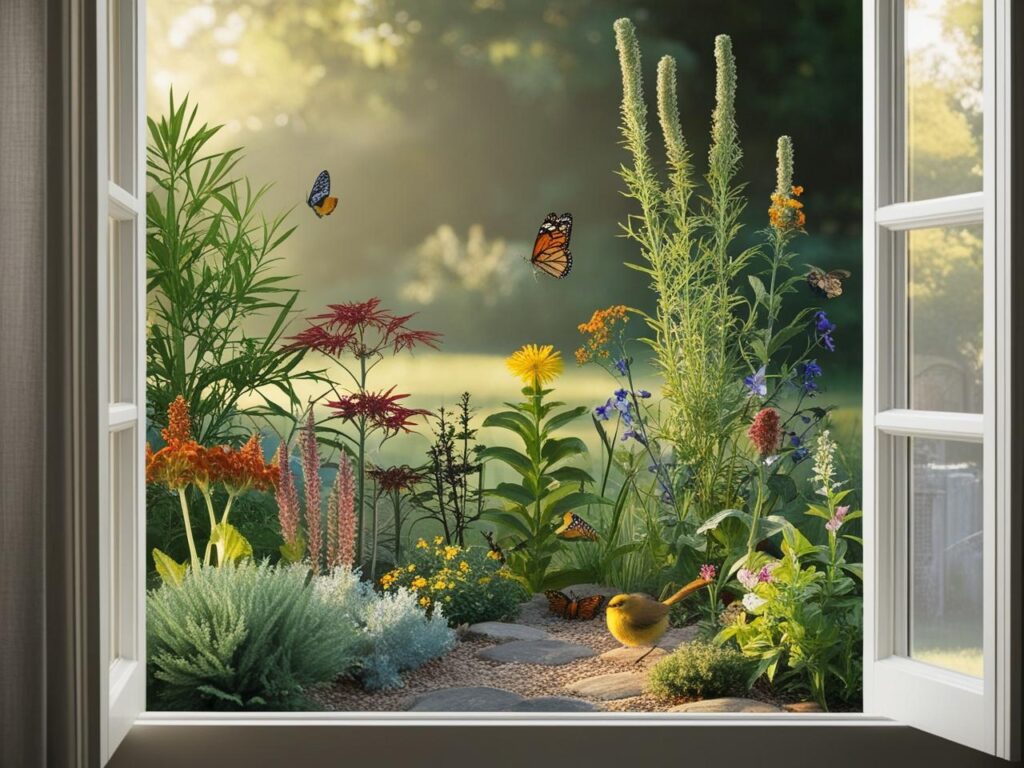 nature therapy option showing picture window open to a colorful garden filled with flowers, herbs, butterflies and birds