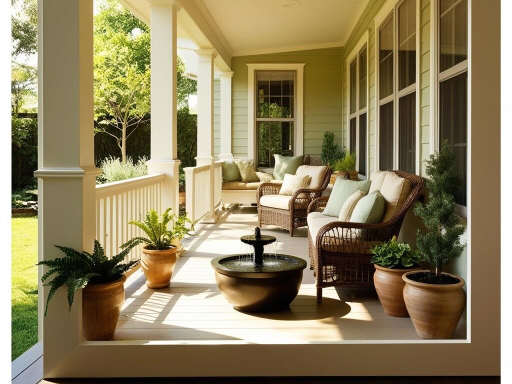 sun porch with comfortable seating, plants, and a water fountain 