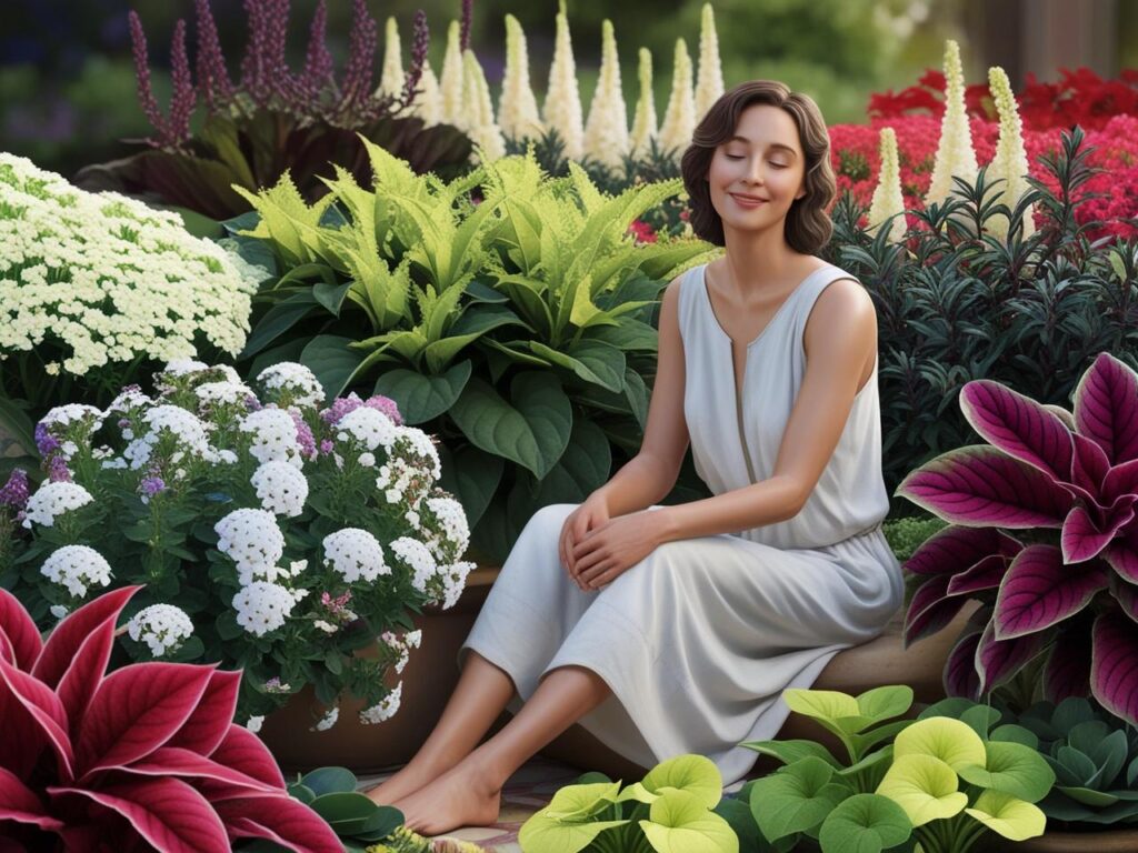 woman sitting in a garden filled with plants that have soothing, calming colors