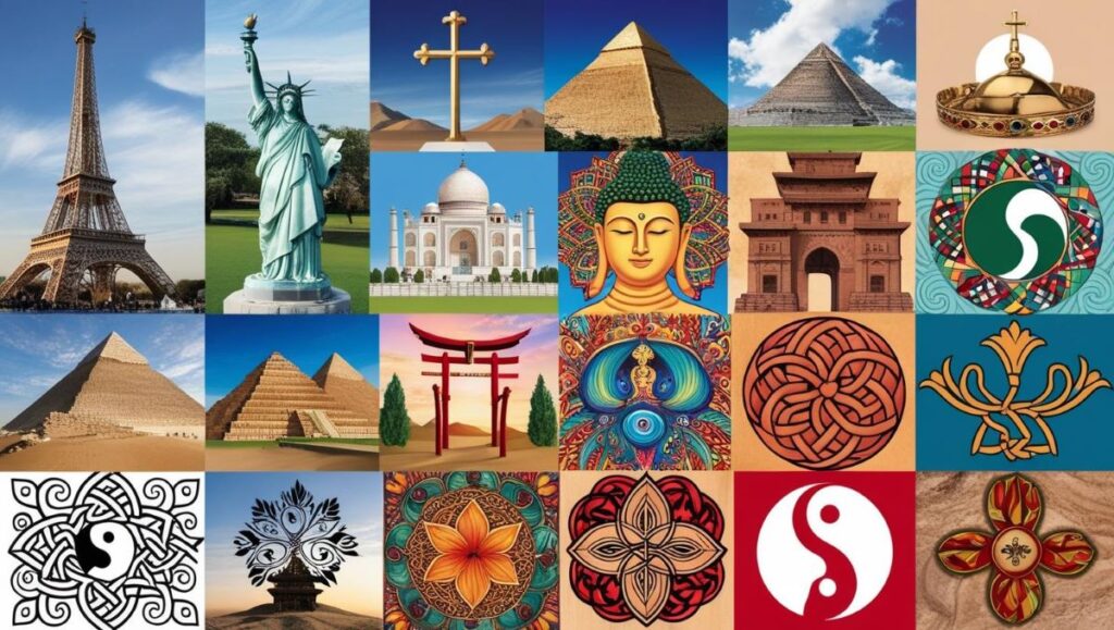 collage of cultural symbols including eiffel tower, statue of liberty, great wall of china, pyramids, taj mahal, buddha statue, torii gate, christian cross, mount fuji, kilimanjaro, peacock, yin-yang, mandala, celtic knot, chakana, hamsa hand, dream catcher, day of the dead skull, totem pole, koru, colosseum, royal crown, olive branch, lotus, red cross.